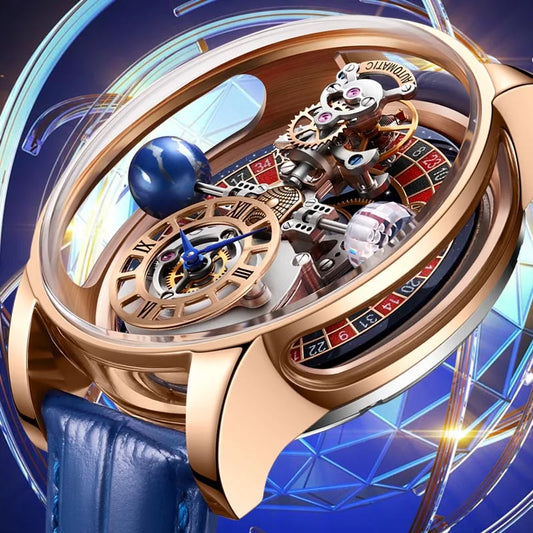 2023 PINDU Watch Men Golden Blue Celestial Roulette Quartz Watches Man For Leather Business Men Watch Adjustable Time