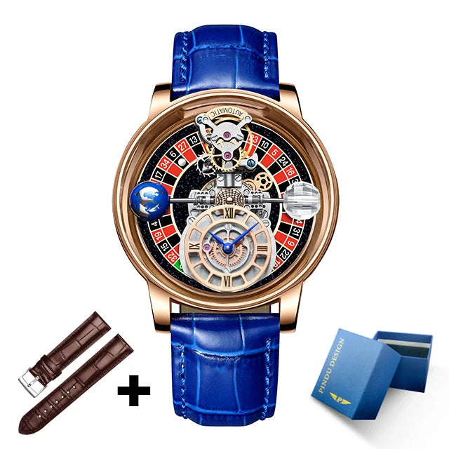 2023 PINDU Watch Men Golden Blue Celestial Roulette Quartz Watches Man For Leather Business Men Watch Adjustable Time
