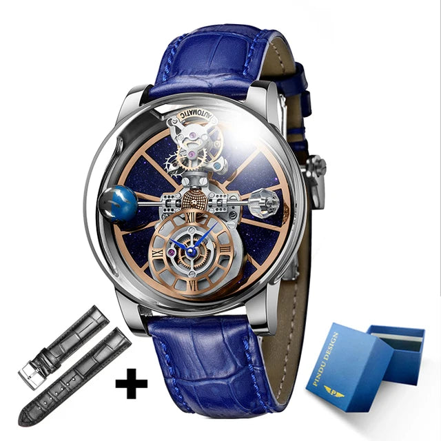 2023 PINDU Watch Men Golden Blue Celestial Roulette Quartz Watches Man For Leather Business Men Watch Adjustable Time
