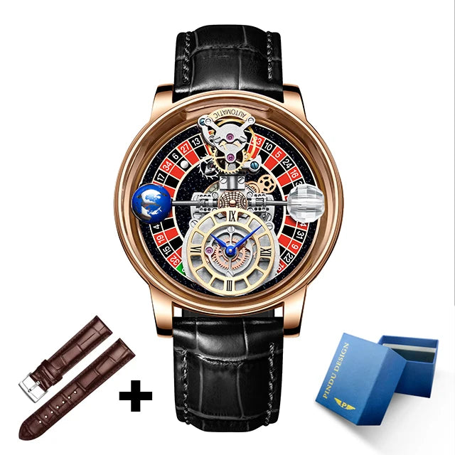 2023 PINDU Watch Men Golden Blue Celestial Roulette Quartz Watches Man For Leather Business Men Watch Adjustable Time