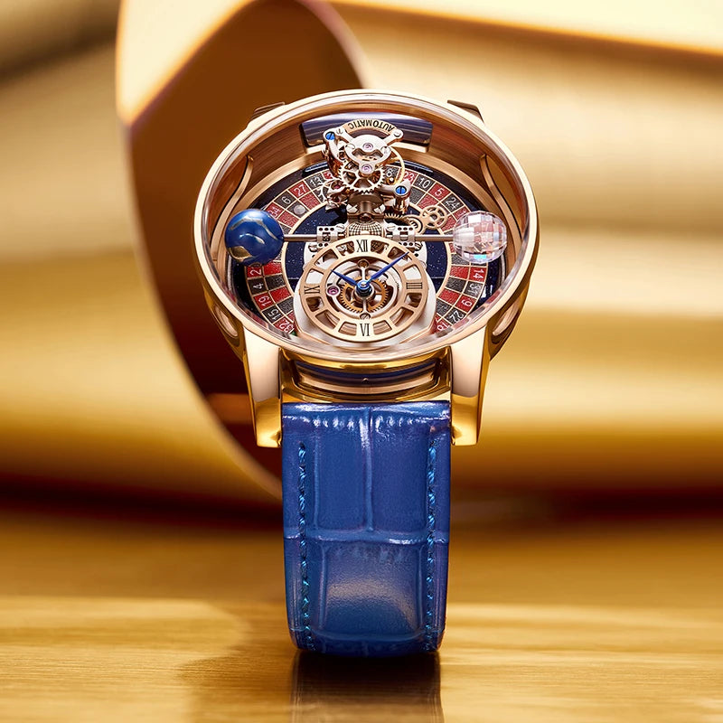 2023 PINDU Watch Men Golden Blue Celestial Roulette Quartz Watches Man For Leather Business Men Watch Adjustable Time