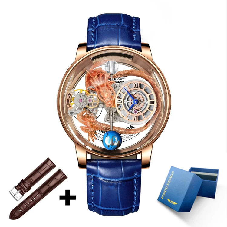 2023 PINDU Watch Men Golden Blue Celestial Roulette Quartz Watches Man For Leather Business Men Watch Adjustable Time