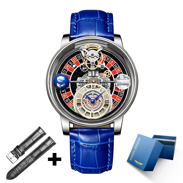2023 PINDU Watch Men Golden Blue Celestial Roulette Quartz Watches Man For Leather Business Men Watch Adjustable Time