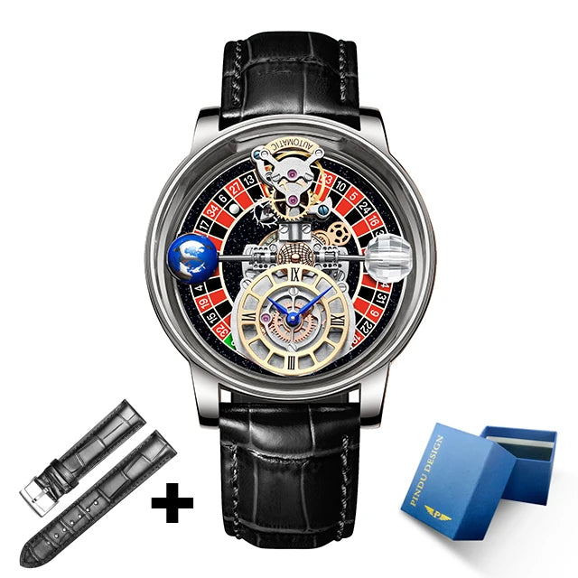 2023 PINDU Watch Men Golden Blue Celestial Roulette Quartz Watches Man For Leather Business Men Watch Adjustable Time
