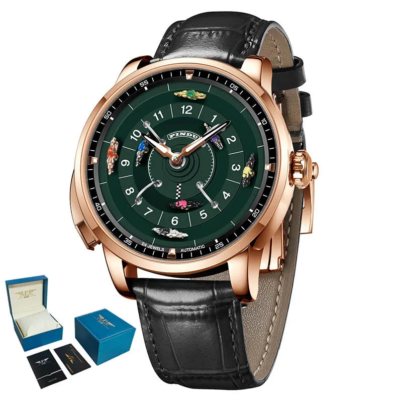 PINDU New Original Design Competitive Horse Racing Watches NH35A Sapphire Stainless Steel Luminous Leather Mechanical Watch Men