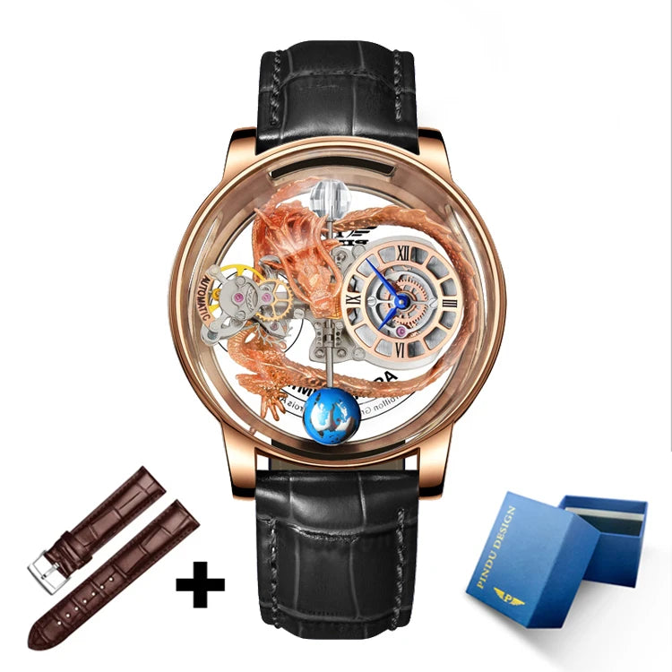 2023 PINDU Watch Men Golden Blue Celestial Roulette Quartz Watches Man For Leather Business Men Watch Adjustable Time