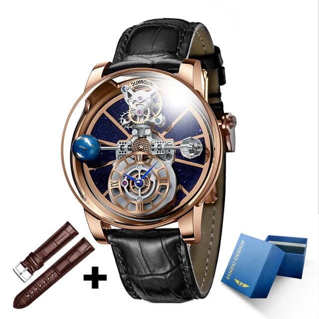 2023 PINDU Watch Men Golden Blue Celestial Roulette Quartz Watches Man For Leather Business Men Watch Adjustable Time