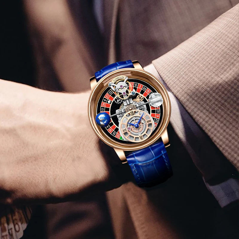 2023 PINDU Watch Men Golden Blue Celestial Roulette Quartz Watches Man For Leather Business Men Watch Adjustable Time