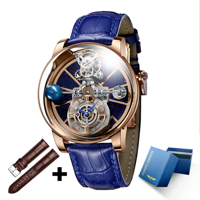 2023 PINDU Watch Men Golden Blue Celestial Roulette Quartz Watches Man For Leather Business Men Watch Adjustable Time