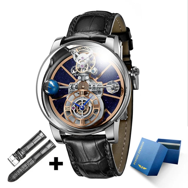 2023 PINDU Watch Men Golden Blue Celestial Roulette Quartz Watches Man For Leather Business Men Watch Adjustable Time