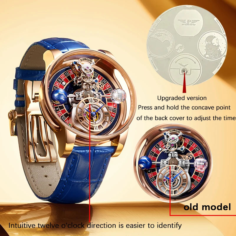 2023 PINDU Watch Men Golden Blue Celestial Roulette Quartz Watches Man For Leather Business Men Watch Adjustable Time