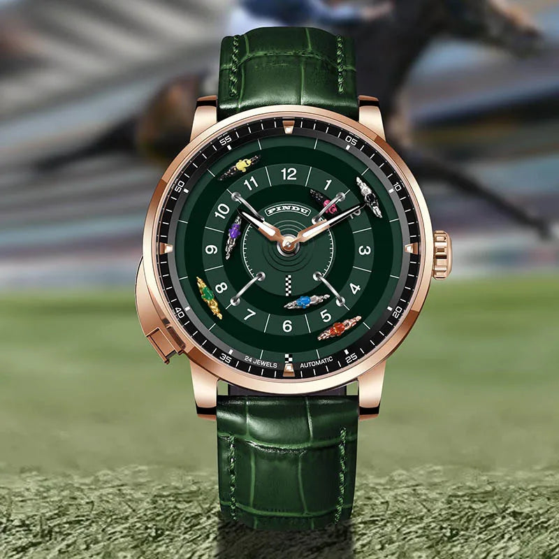 PINDU New Original Design Competitive Horse Racing Watches NH35A Sapphire Stainless Steel Luminous Leather Mechanical Watch Men