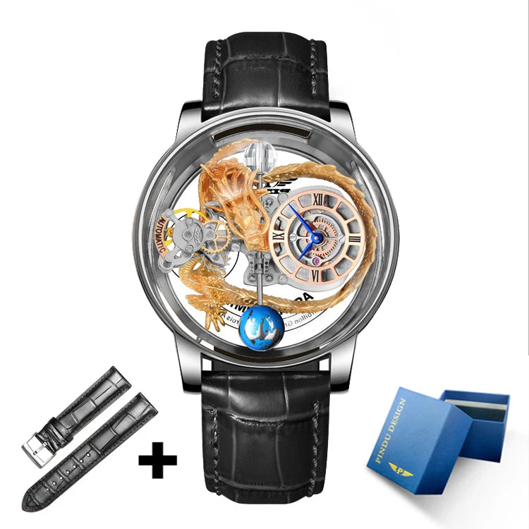 2023 PINDU Watch Men Golden Blue Celestial Roulette Quartz Watches Man For Leather Business Men Watch Adjustable Time
